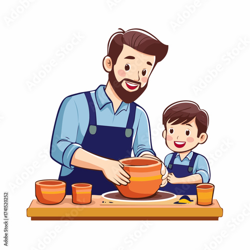 Father and son pottery making class