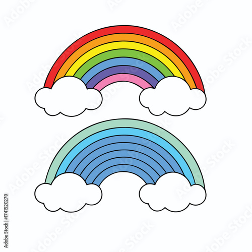 Vector illustration Two cartoon rainbows with clouds on white background weather