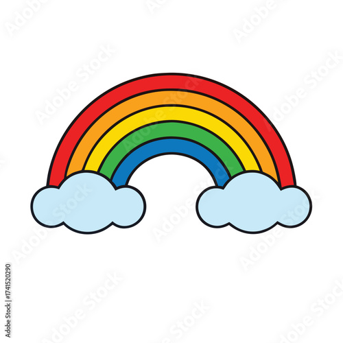 Vector illustration Simple cartoon rainbow with clouds on white background curve
