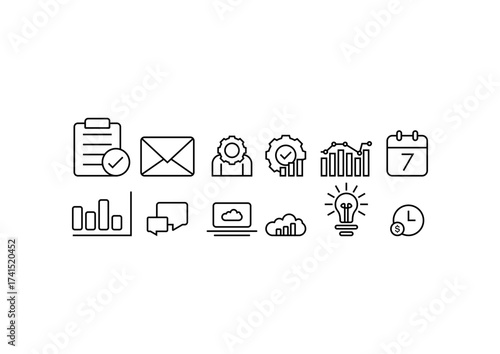 black and white line business icon set