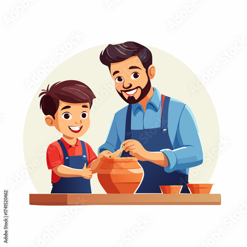 Father and son pottery making class