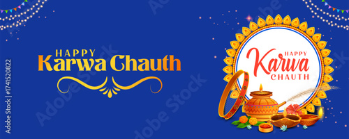 decorated pooja thali for greetings on Indian Hindu festival Happy Karwa Chauth