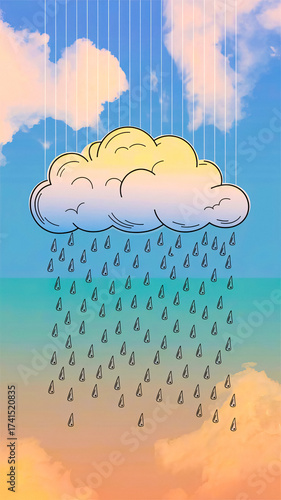 A whimsical cartoon rain cloud drips uniform raindrops against a dreamy pastel sky gradient, blending graphic line art with a playful mood perfect for weather, concept, or creative projects.