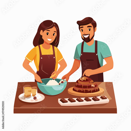 Couple baking cake together in kitchen