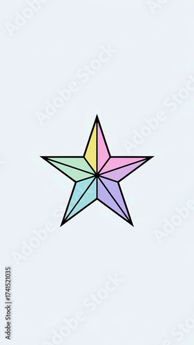 Vibrant, pastel-toned geometric star illustration with clean black outlines. Perfect for modern logos, branding, creative projects seeking playful, colorful energy and contemporary design aesthetic.