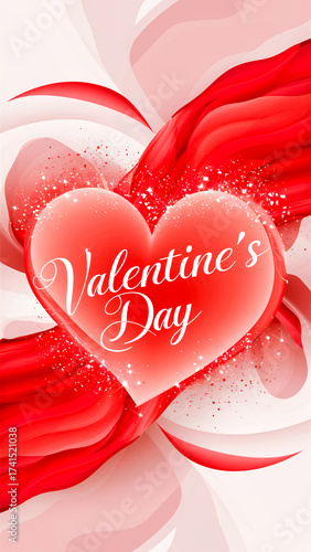 Romantic Valentine’s Day themed image featuring a glossy red heart, flowing ribbons, and sparkling particles. Perfect for love, romance, cards, banners, and greeting media.