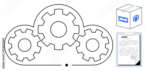 Gears within a cloud symbol, a document with a signature, and a package for e-commerce. Ideal for teamwork, technology, logistics, cloud storage, management, process optimization and automation