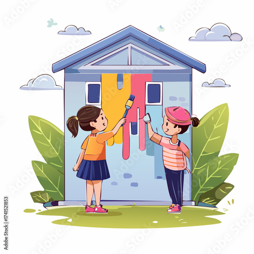 Children painting house exterior with colorful paint