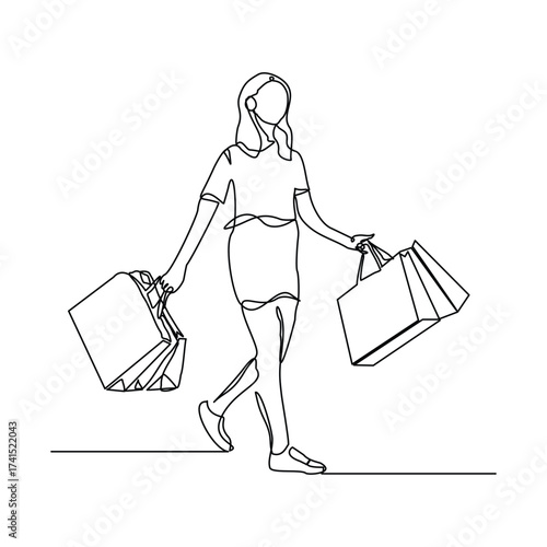 Continuous line of shopper woman holding paper bags. Vector illustration editable stroke sketch drawing art