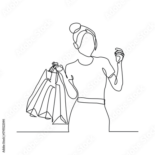 Continuous line of shopper woman holding paper bags. Vector illustration editable stroke sketch drawing art