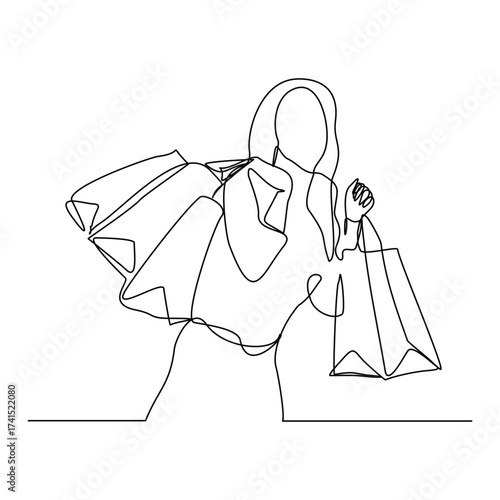 Continuous line of shopper woman holding paper bags. Vector illustration editable stroke sketch drawing art