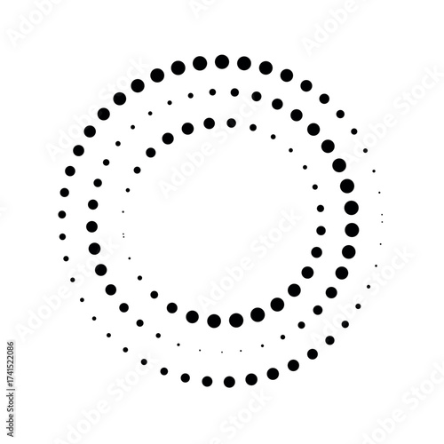 Radial speed Lines in circle form for comic books. Design element for frame, logo, tattoo, web pages, prints, posters, template, background. Set of black thick halftone dotted speed lines. Vector.