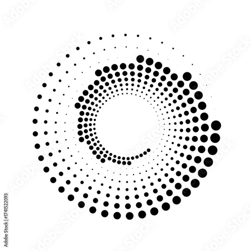 Radial speed Lines in circle form for comic books. Design element for frame, logo, tattoo, web pages, prints, posters, template, background. Set of black thick halftone dotted speed lines. Vector.