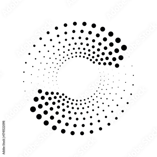 Radial speed Lines in circle form for comic books. Design element for frame, logo, tattoo, web pages, prints, posters, template, background. Set of black thick halftone dotted speed lines. Vector.