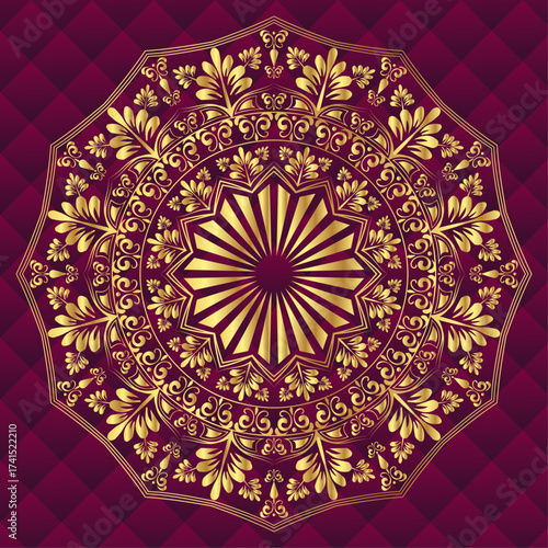 Luxury Golden Floral Mandala Vector Design on a Dark Quilted Background. Elegant and intricate ornamental pattern with rich gold gradient, perfect for wedding invitations, premium packaging.
