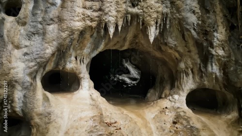 Natural rock cave formation with mysterious dark holes and dripping