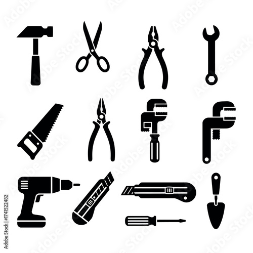 Assortment of Black Silhouette Icons for Various Hand Tools and Construction Equipment Keywords: hammer, scissors, pliers, wrench, pipe wrench, saw, handsaw, drill, power drill, utility knife, box