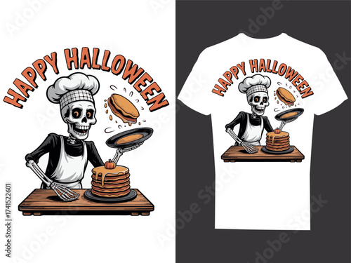 Skeleton Chef Flipping Pumpkin Pancakes Funny Halloween T-Shirt Design