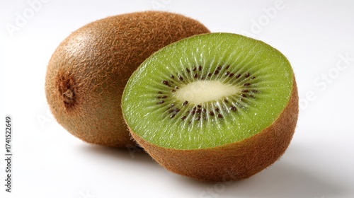 Fresh kiwi fruit halved with brown skin and green flesh on white background