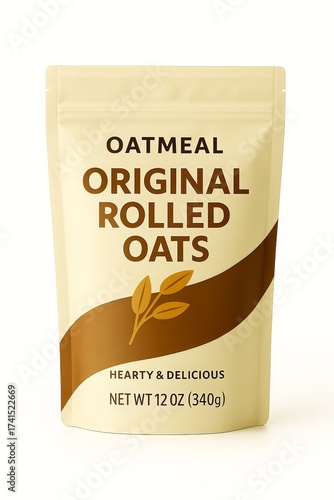 Fake Product Rendering of Oatmeal Package Bag Isolated on Blank White No Background Original Rolled Oats