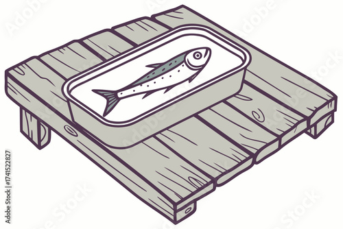 Tinned fish on rustic table, modern flat illustration style