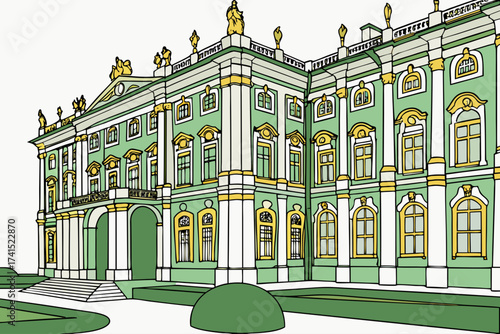 Winter Palace in St. Petersburg, Russia, green-and-white baroque palace with gilded halls
