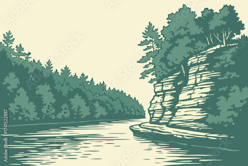 Wisconsin River in Wisconsin Dells, sandstone cliffs rising above calm reflective waters and forested shores