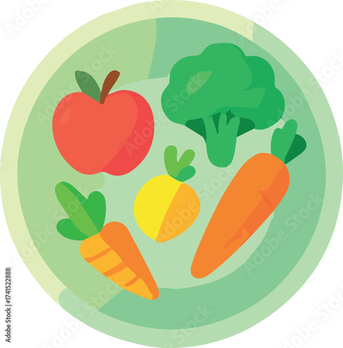 A colorful flat illustration of a healthy plate with fruits and vegetables, including an apple, broccoli, carrot, and beet, promoting balanced nutrition and wellness.