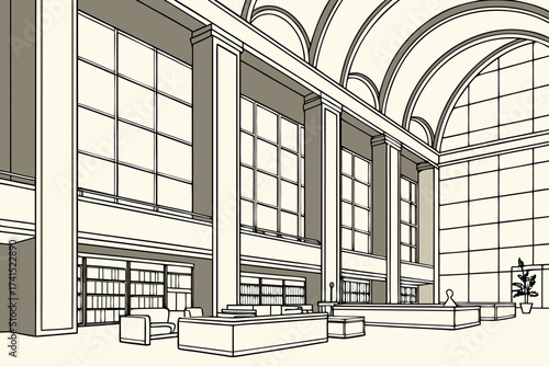 Worcester Public Library in Worcester, Massachusetts, modernist design with open reading hall and tall glass windows