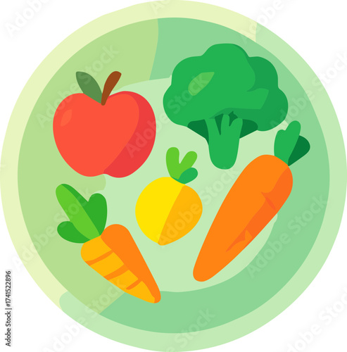 A colorful flat illustration of a healthy plate with fruits and vegetables, including an apple, broccoli, carrot, and beet, promoting balanced nutrition and wellness.
