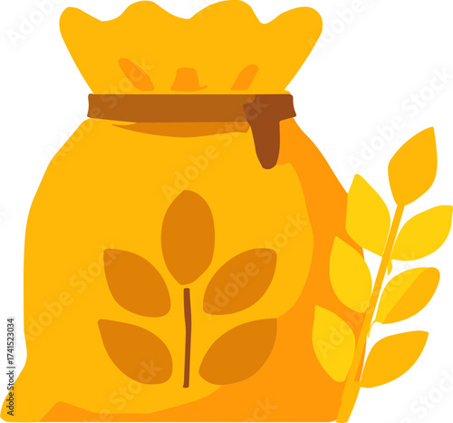 A flat yellow illustration of a grain sack with wheat symbol, representing agriculture, harvest, and organic food production.