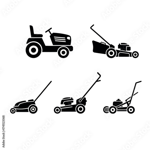 Black Silhouettes of Different Types of Lawn Mowers and a Riding Tractor Keywords: lawn mower, riding mower, tractor, garden tractor, push mower, self-propelled mower, grass cutting, landscaping