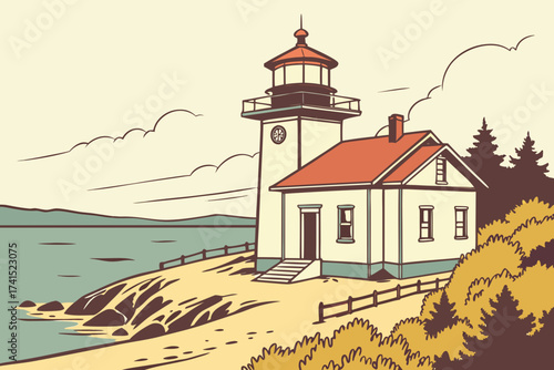 West Point Lighthouse in Seattle, Washington, small white tower with red roof on Puget Sound beach