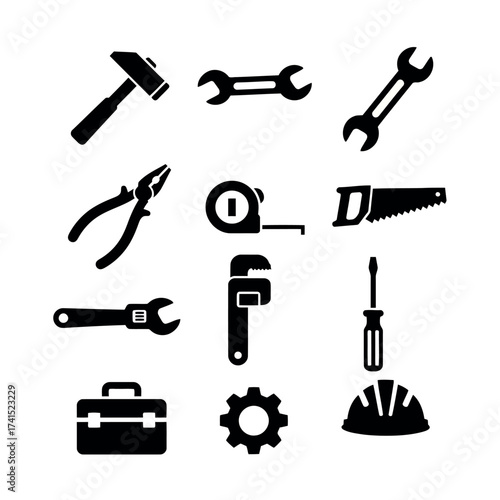 Collection of Black Silhouettes of Construction and Repair Tools and Safety Gear Keywords: hammer, wrench, pliers, tape measure, saw, screwdriver, toolbox, gear, hard hat, construction, repair