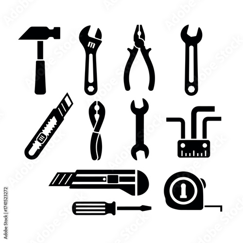 Collection of Black Silhouettes of Various Hand Tools and Measuring Devices Keywords: hammer, wrench, adjustable wrench, pliers, wire cutters, utility knife, box cutter, screwdriver, tape measure