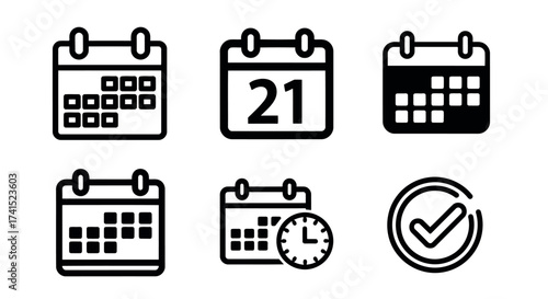 Set of Black Outline Icons Related to Calendars and Time Management Keywords: calendar, date, day, month, schedule, appointment, event, time, clock, watch, checkmark, tick, confirmation, approval