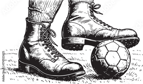 Soccer boots and ball with vintage leather footwear illustration