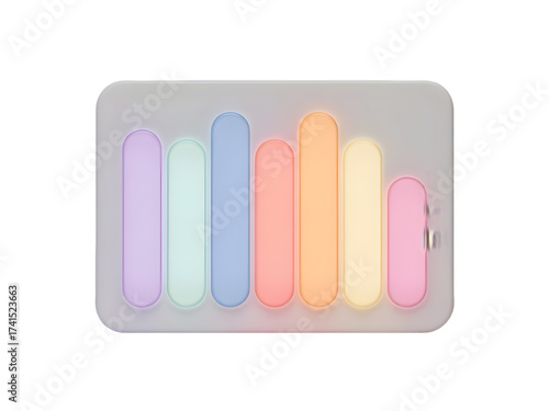 Aesthetic 3D audio equalizer panel showing seven illuminated bars in vibrant pastel colors isolated on transparent background