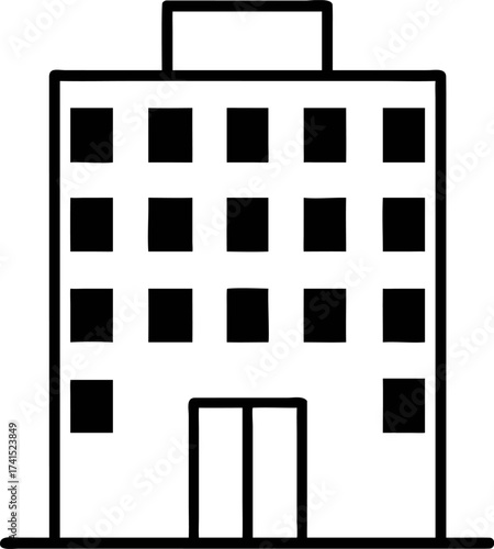 Minimalist building icon in a simple black outline style. Vector graphic illustration of an office, hotel, or apartment complex