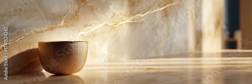 Golden textured bowl on polished marble surface with beige background