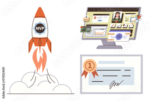 Rocket blasting off with MVP mark, computer monitor displaying digital analytics, and achievement certificate with ribbon. Ideal for growth, innovation, technology, success, startup, education