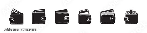 Wallet icon set, wallet solid icon, wallet icon collection with multiple styles, money purse set, wallet symbol, minimalist money bag wallet, vector illustration EPS 10.