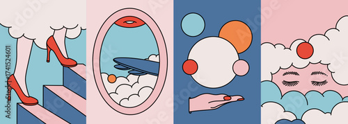 Posters Background Set Collection with Abstract Geometric Vector Illustrations in Bright Colors, Eyes Portrait, Heels on Stairs and Cloudy Sky with Planets for Exhibition Flyers, Brochures, and Covers