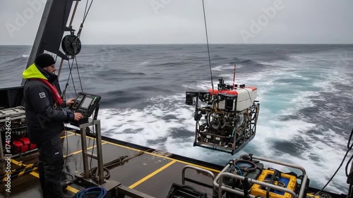 Research vessel deploying remotely operated vehicle for deep-sea exploration and scientific study.