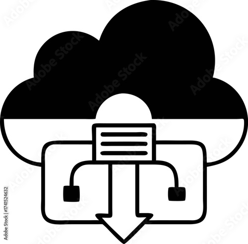 Cloud storage and data download icon, representing network connectivity and file transfer for online accessibility and secure backups
