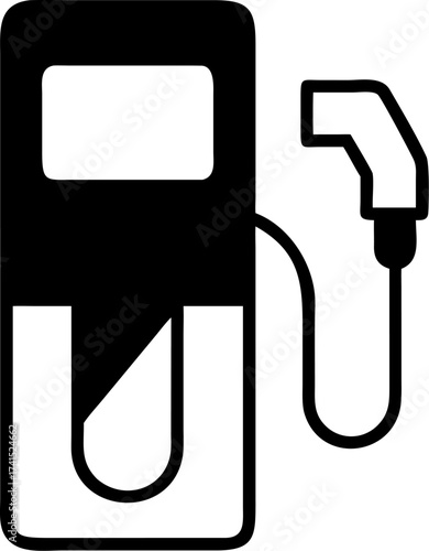 A simple black and white vector illustration of an electric vehicle charging station icon with a power cable and nozzle supply