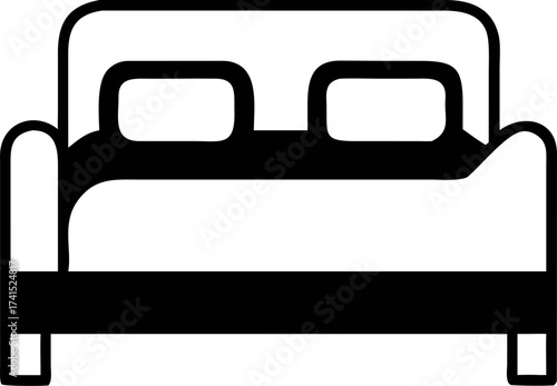 Clean vector icon of a comfortable bed with pillows, symbolizing restful sleep, home comfort, and relaxation, perfect for modern design