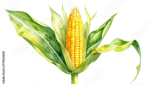 Vibrant illustration of an ear of corn.  Green leaves encircle a golden-yellow corn cob.  Detailed leaf patterns and subtle shading