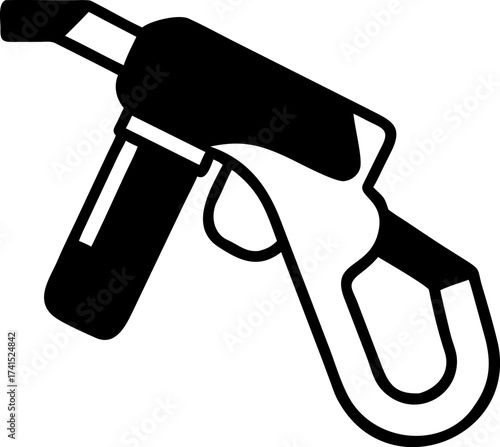A simple black and white icon representing a high-pressure power washer gun. Isolated vector illustration of a water jet spray tool for powerful cleaning tasks