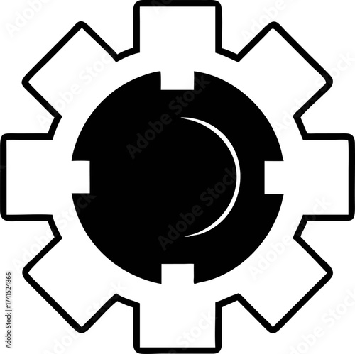 Black and white icon representing a cogwheel with a circular segment inside, symbolizing industry, engineering, and mechanical processes